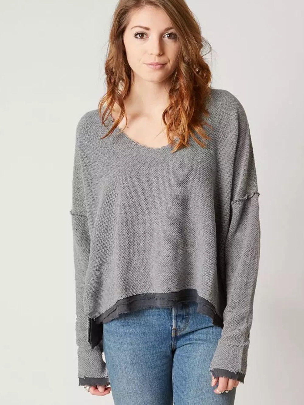 Free People Oversized Textured Dolman Top Small Gray Raw Edge Boho